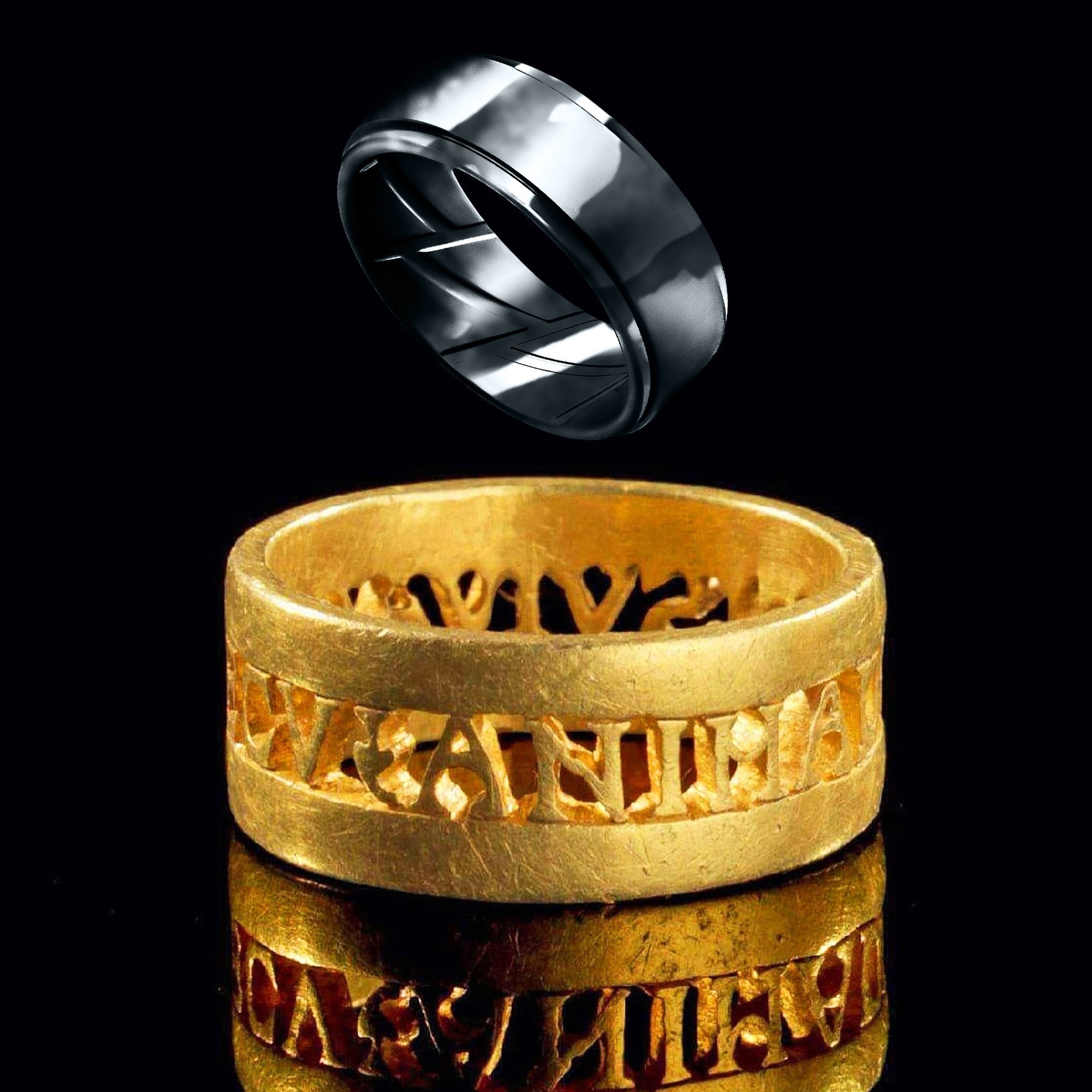 Modern black silicone ring floating above an ancient gold engraved ring – contrast between innovation and tradition