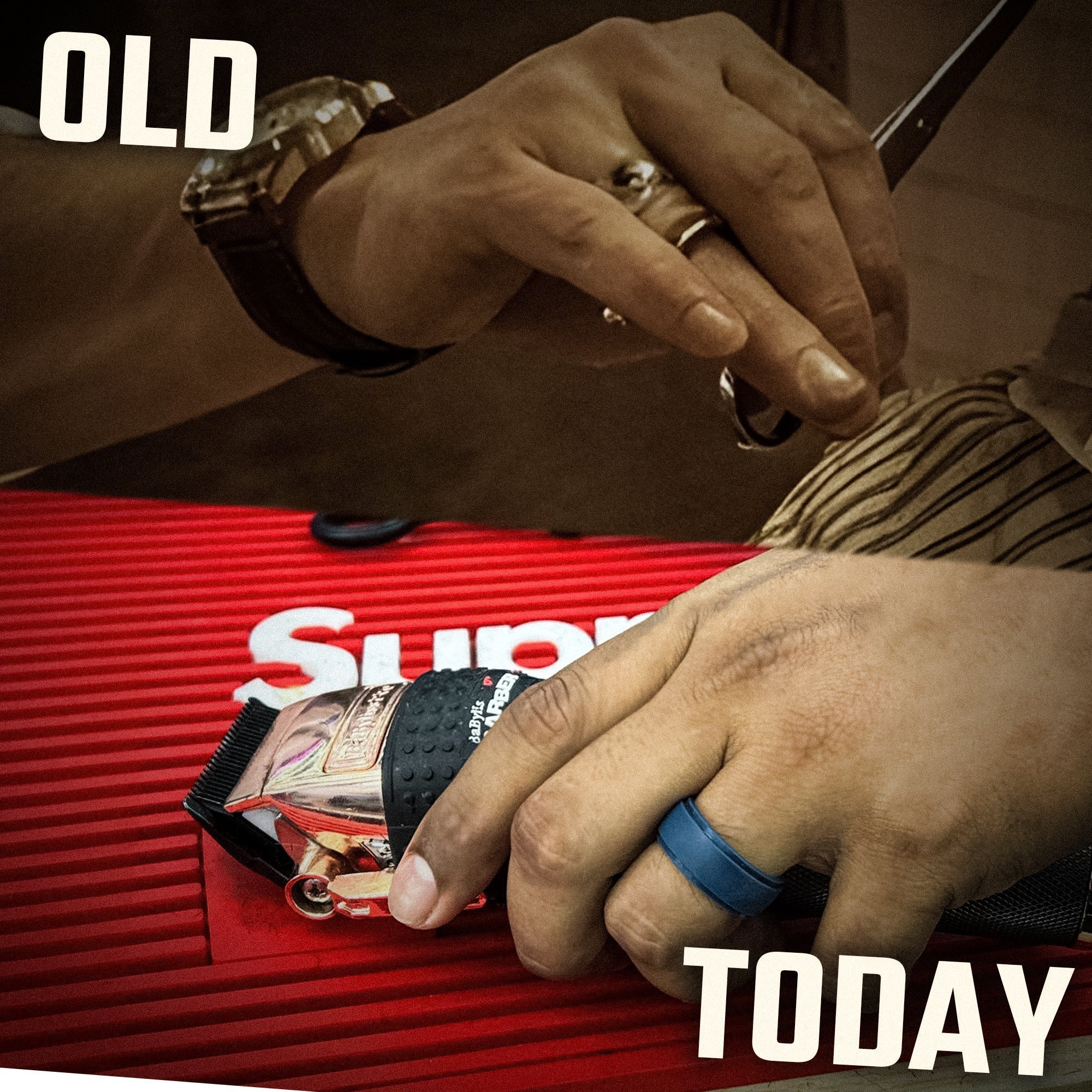 Professional barber using tools while wearing blue silicone ring