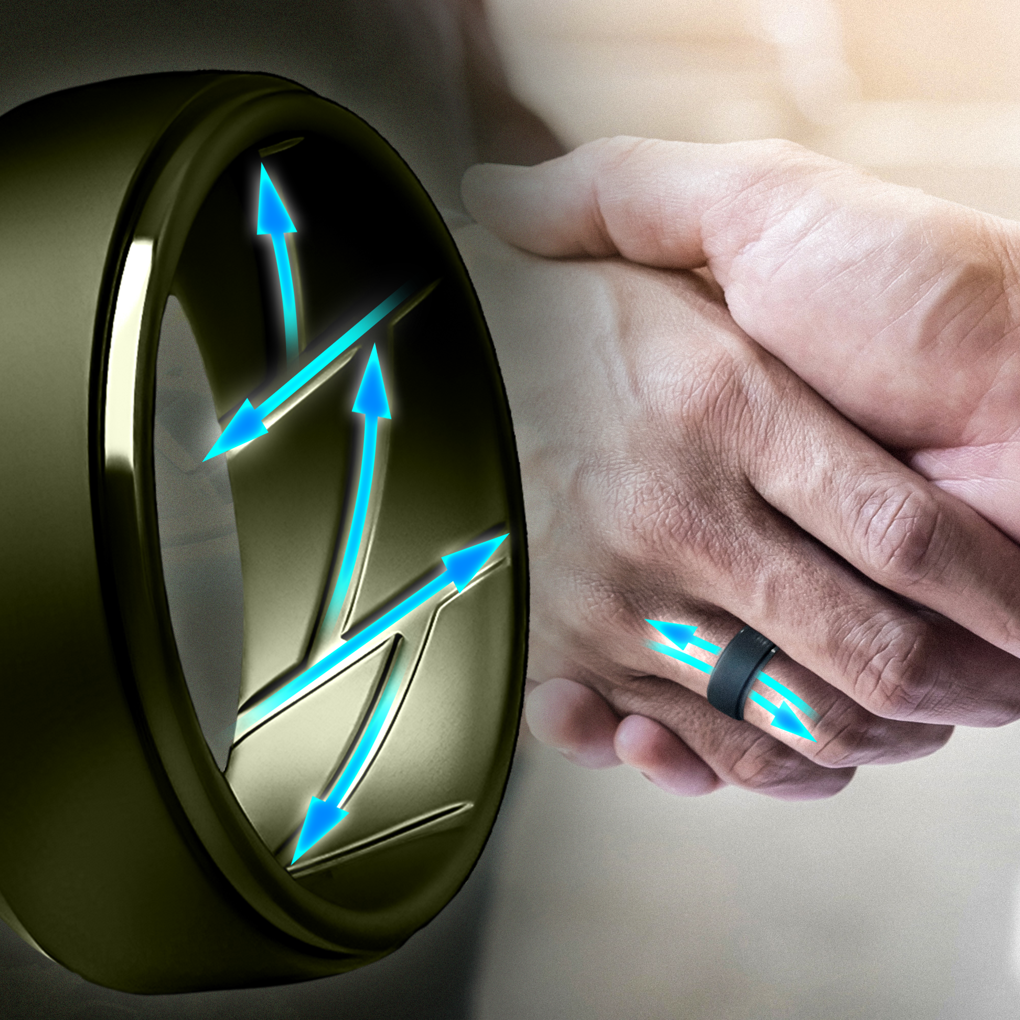 Black silicone ring with airflow arrows indicating breathable design – ergonomic comfort on hand