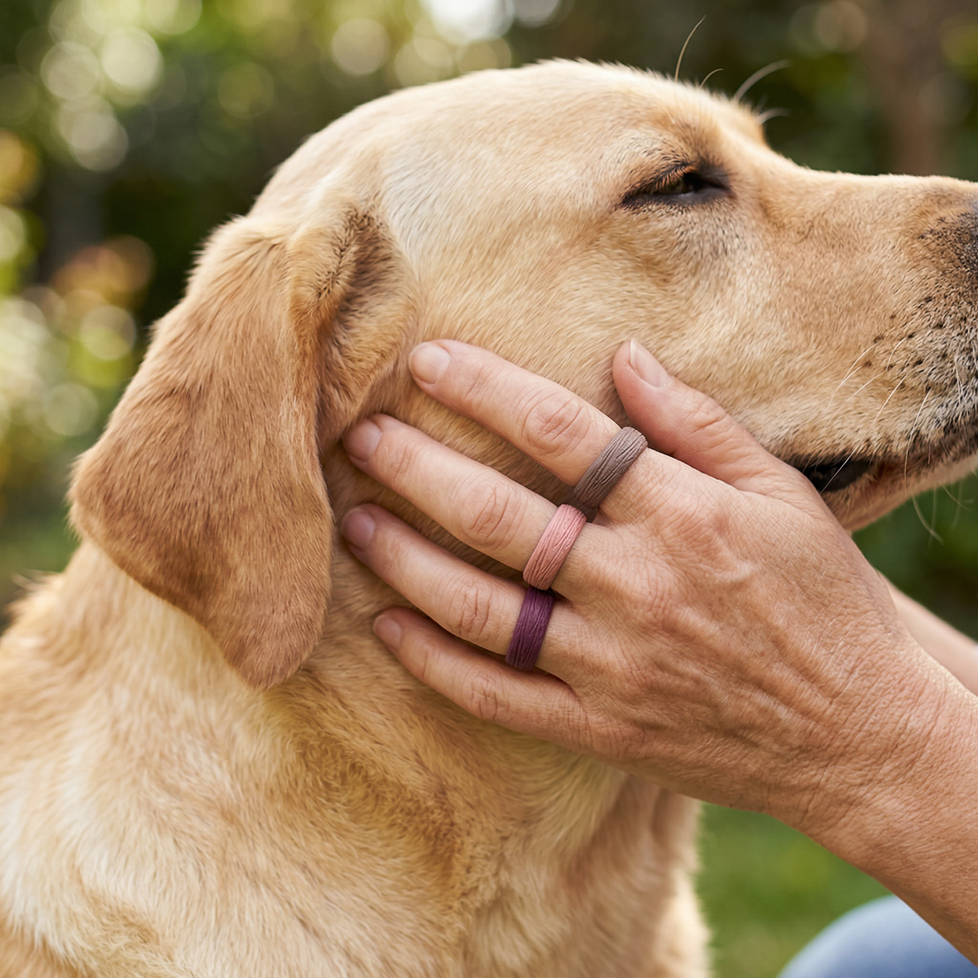 Woman wearing silicone rings beside a dog outdoors