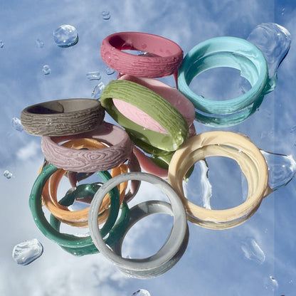 Earth-tone silicone rings with bark texture detail