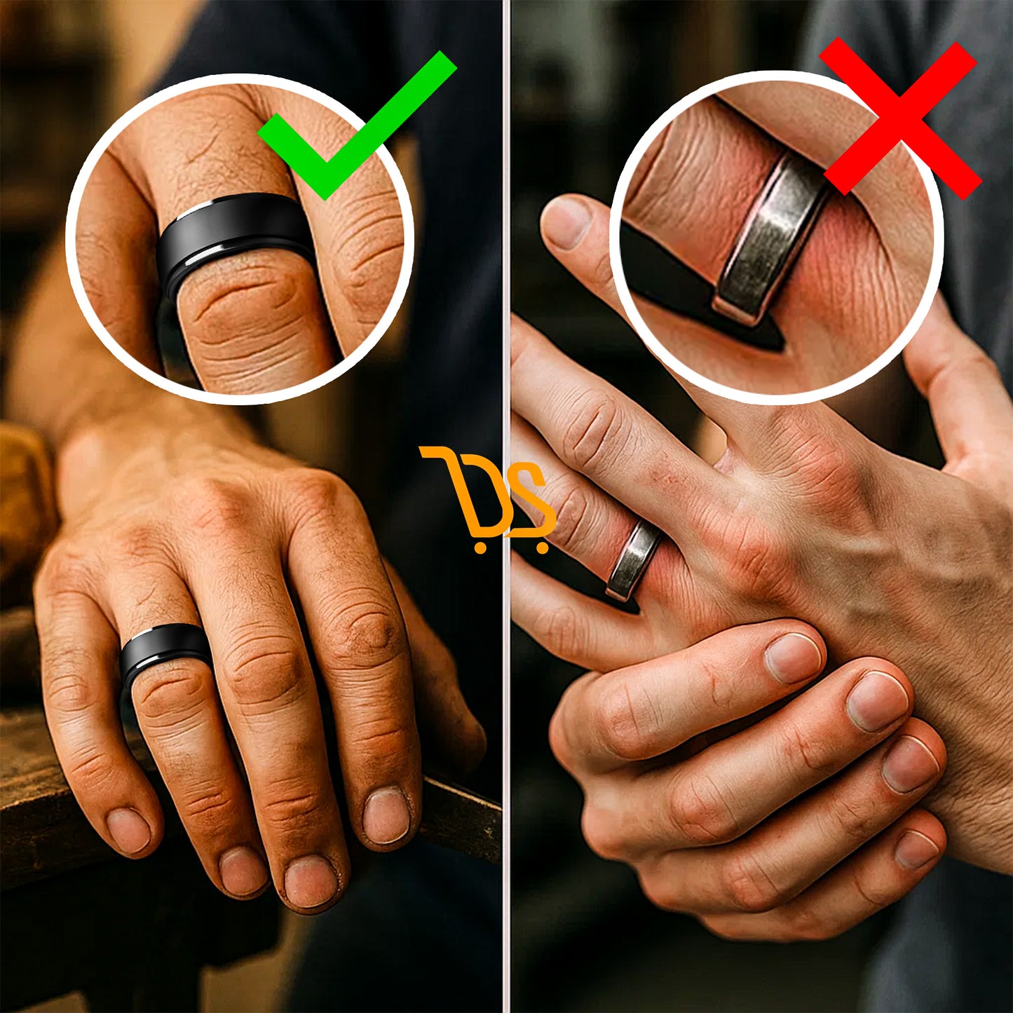 Correct and incorrect way to wear a silicone ring on the finger