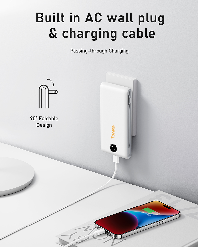 Power Bank With Built In Cables 10000mAh, Portable Charger For  With Built In Ac Wall Plug, Fast Charging Usb C Slim  Charger With Led Display Com