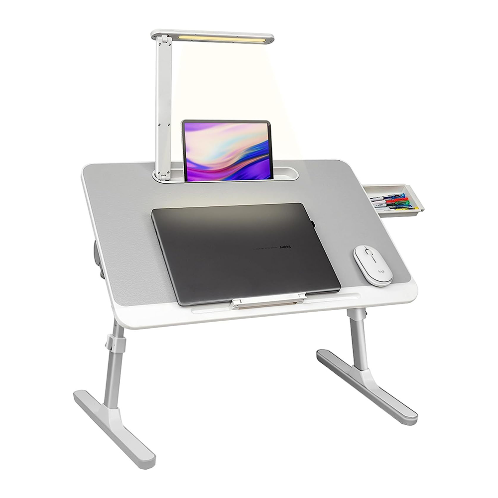 Scrivania per laptop, scrivania da comodino portatile, scrivania per laptop con luce a LED e cassetto, supporto per laptop regolabile per letto, divano, studio, lettura