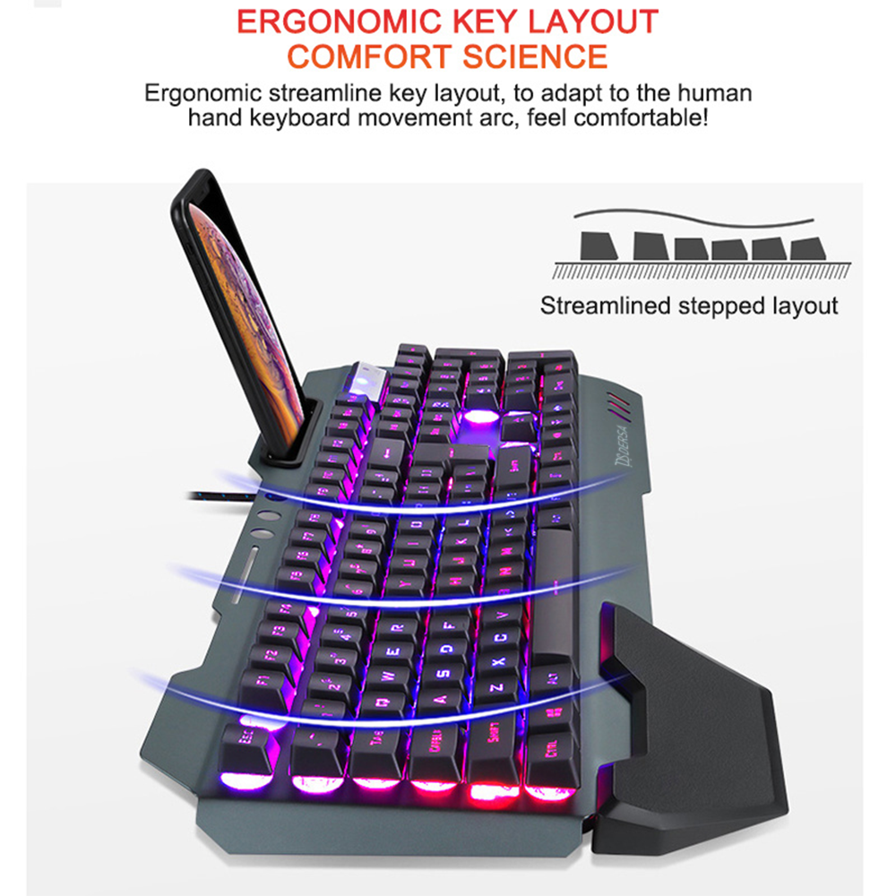 Tastiera da gioco ergonomica cablata con supporto per telefono retroilluminato RGB